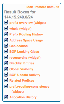 RIPEstat RIPE NCC Access Result Boxes - customization mode