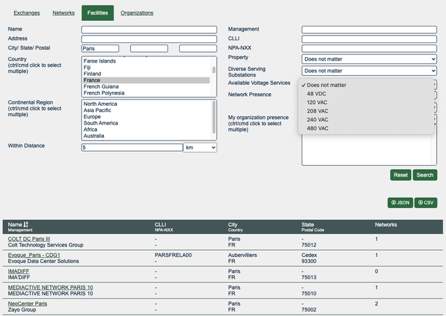 Radius Search for Facilities, with Power Options Highlighted