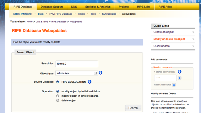 Search Function in RIPE Database Webupdates