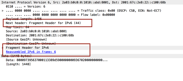 image: wireshark screenshot indicating the next header after the IPv6 header is a fragmented IPv6 packet