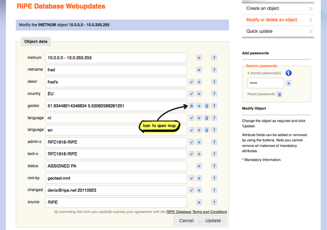 Map Pointer in RIPE Database Webupdates