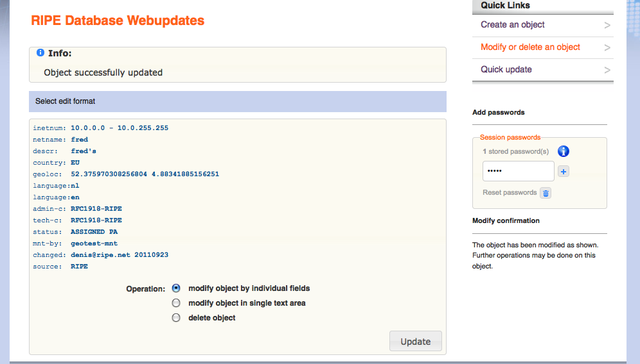 Updated Object in RIPE Database Webupdates