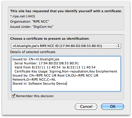 Identity certificate prompt in Firefox