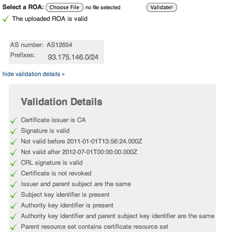 Validation results for web validator